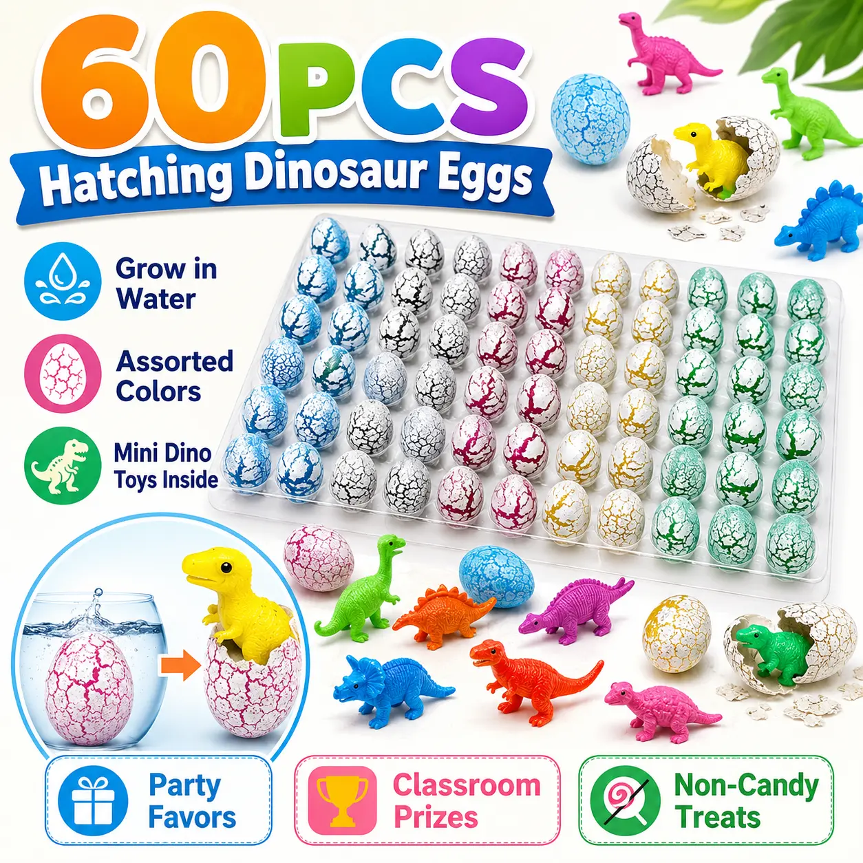 60PCS Hatching Dinosaur Eggs, Grow-in-Water Dino Surprise Eggs, Bulk Dinosaur Birthday Party Favors, Classroom Prizes, Carnival Rewards, Piñata Fillers & Halloween Goodie Bag Stuffers