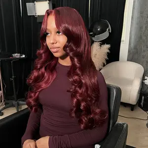 Burgandy Long Body Wave Glueless Wig Lace Frontal Pre-plucked Hairline Heat Resistant Synthetic Wig 28 Inch Gift for Her Free Part
