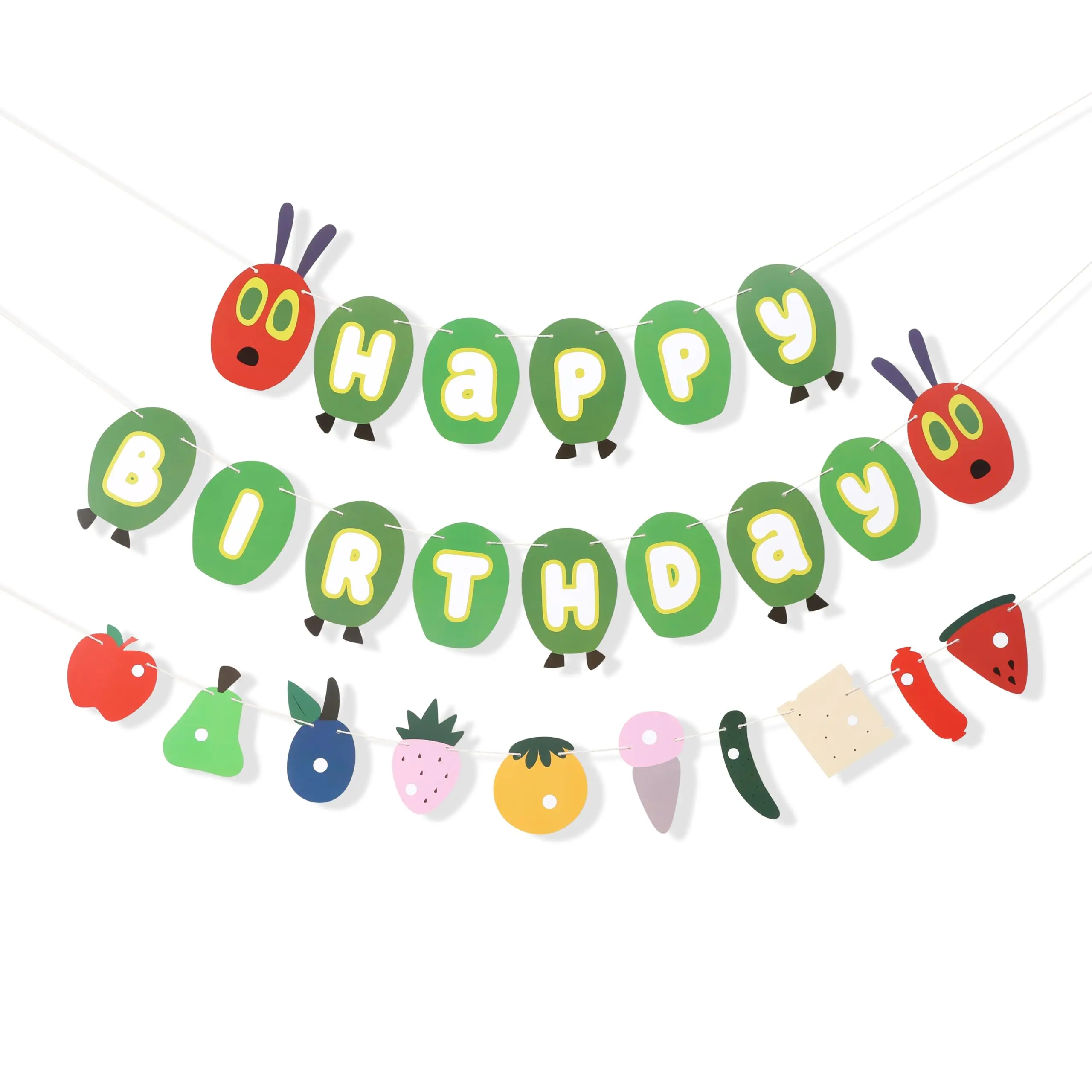 Hungry Caterpillar Happy Birthday Banner - Themed Party Decor, Fruit Garland, Cake Smash Props