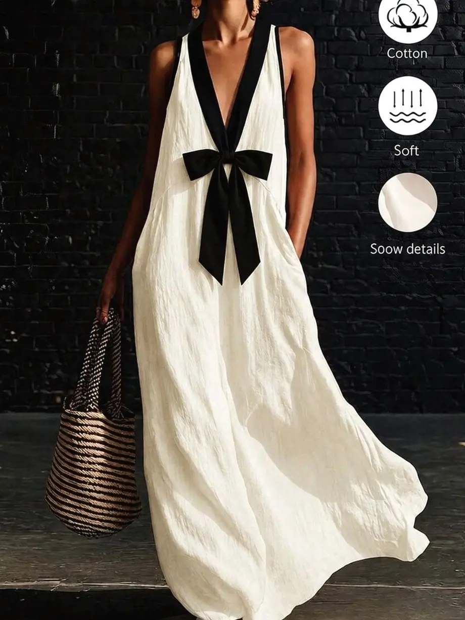 Women's Colorblock Cotton Sleeveless Maxi Dress, V Neck Loose Fit Summer Vacation Dress, Casual Holiday Beach Resort Elegant Everyday Long Dress