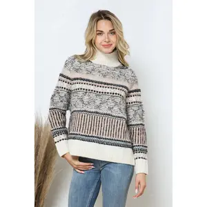 Aztec Pattern Multi Stripe Mock Neck Pullover Sweater Women