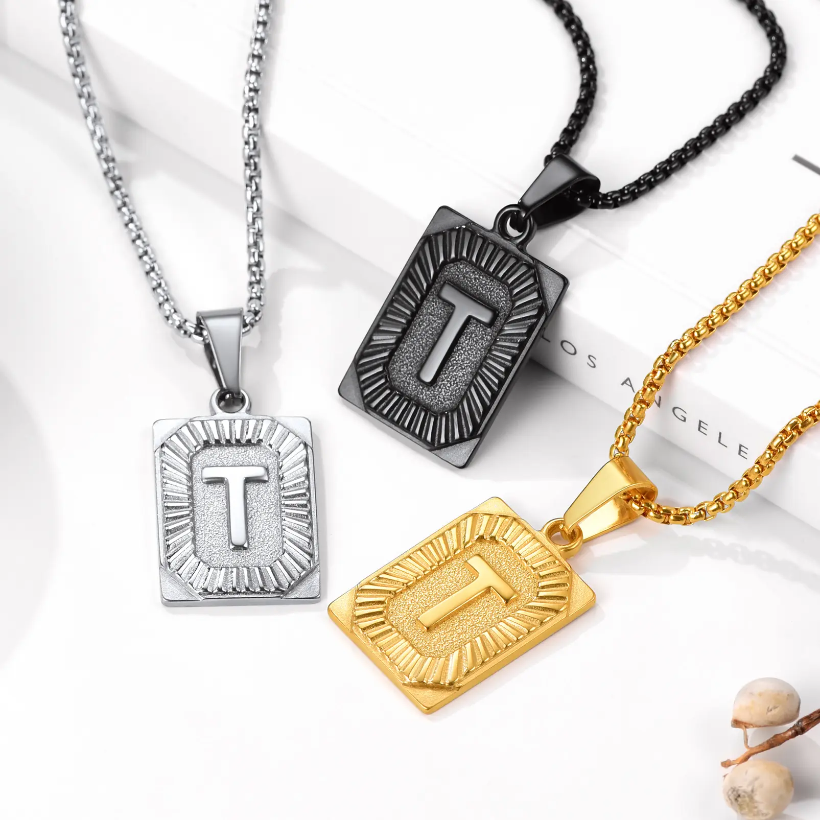 PROSTEEL Initial Tag Necklace Stainless Steel Rectangular Square Letter Necklace Alphabets from A-Z Chain Jewelry Unisex For Men Women Gift Box