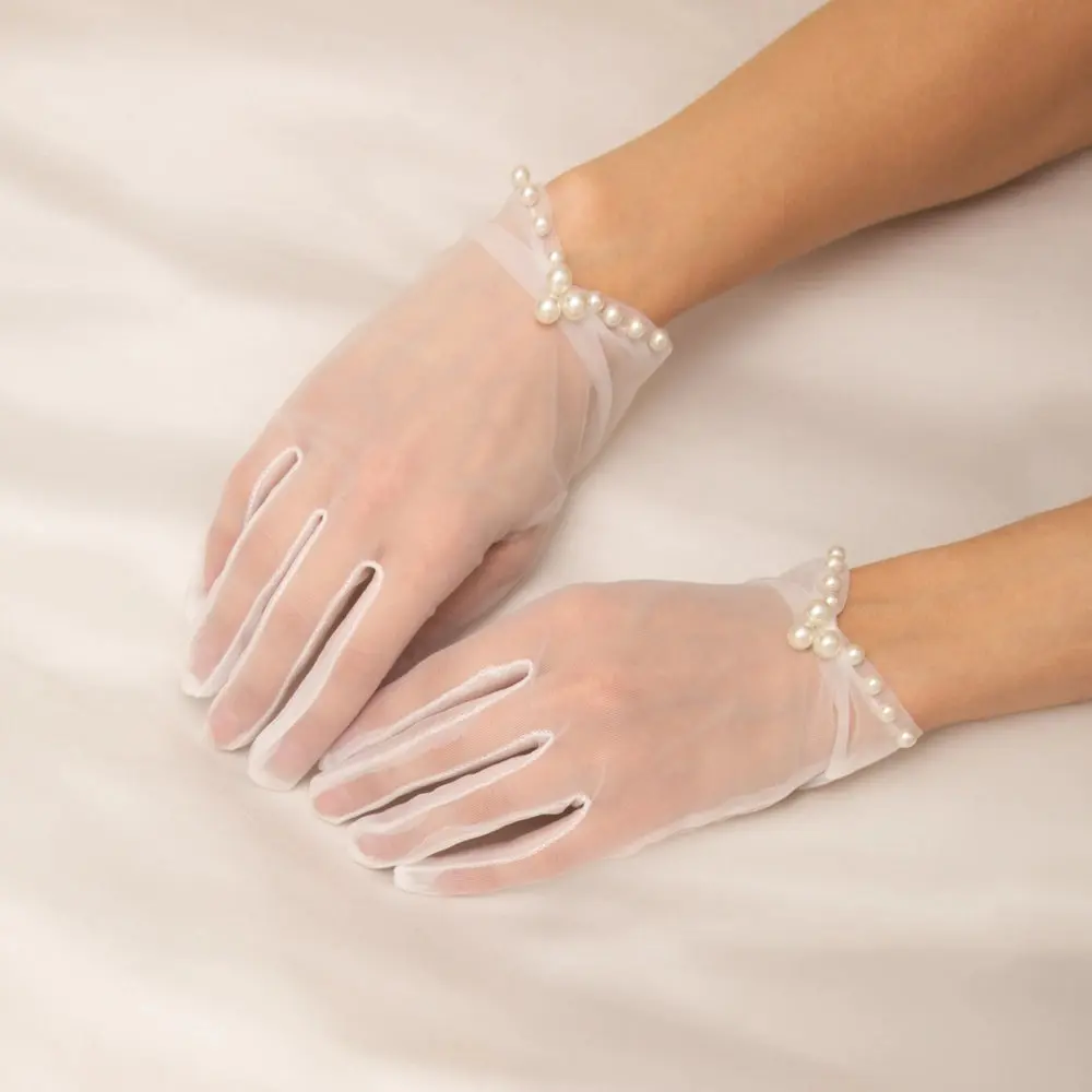 Elegant Pearl Bridal Gloves | Mesh & Pearl Wrist-Length Gloves