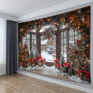 Christmas Themed Tapestry with Festive Decor Design, Woven Polyester Wall Hanging for Living Room, Bedroom, Office, Holiday Party Room Decoration Tree