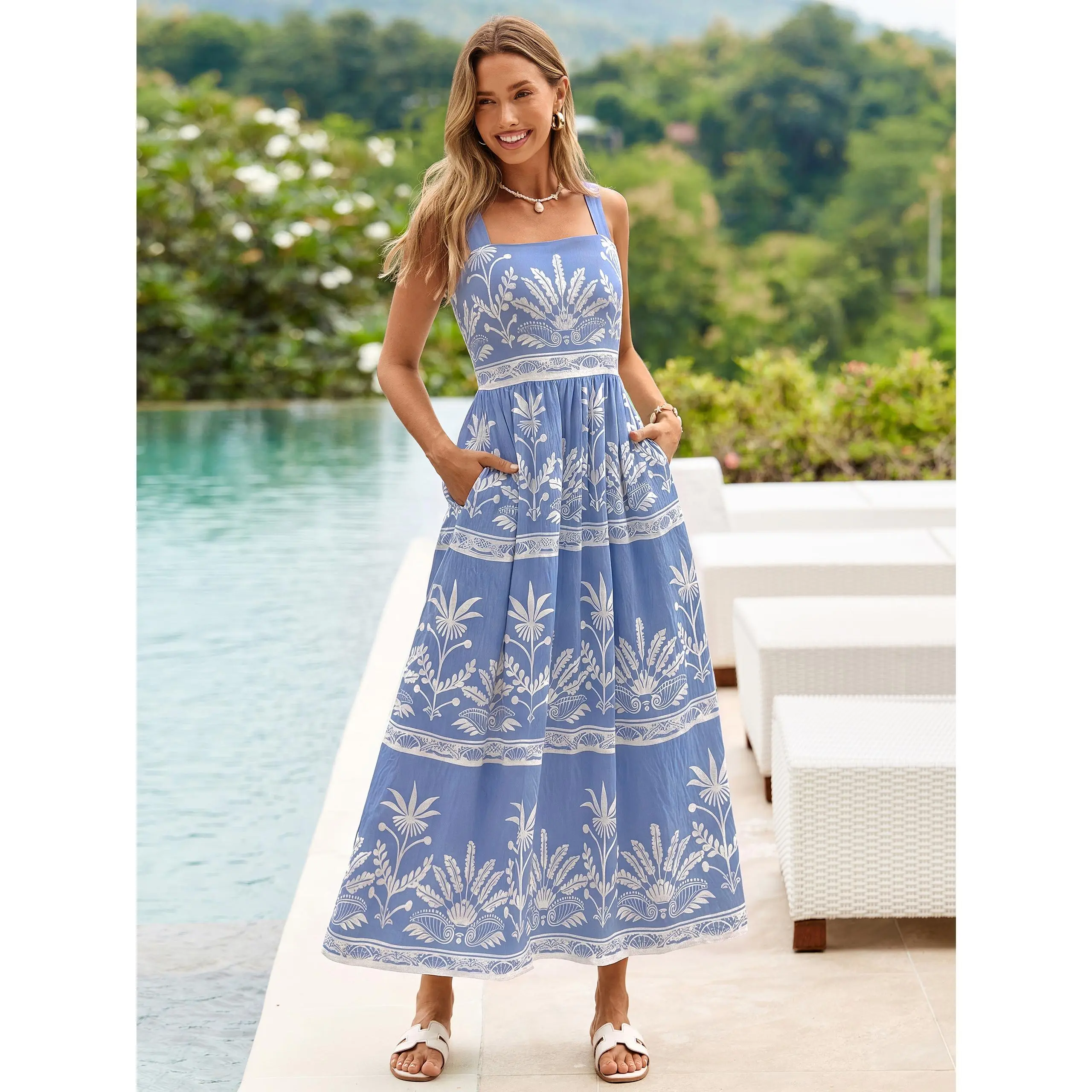 Simplee #VacationOutfits Summer Floral Sundress - Flowy Square Neck Maxi Dress - Elegant Boho Beach Vacation Outfit