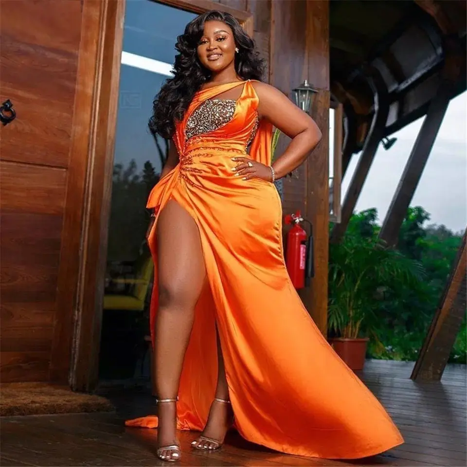 Satin Orange Asymmetrical One Shoulder Metallic Silver Design High Slit Maxi Sash Sweep Train Evening Formal Party/Prom Maxi Dress to 18W Plus Size