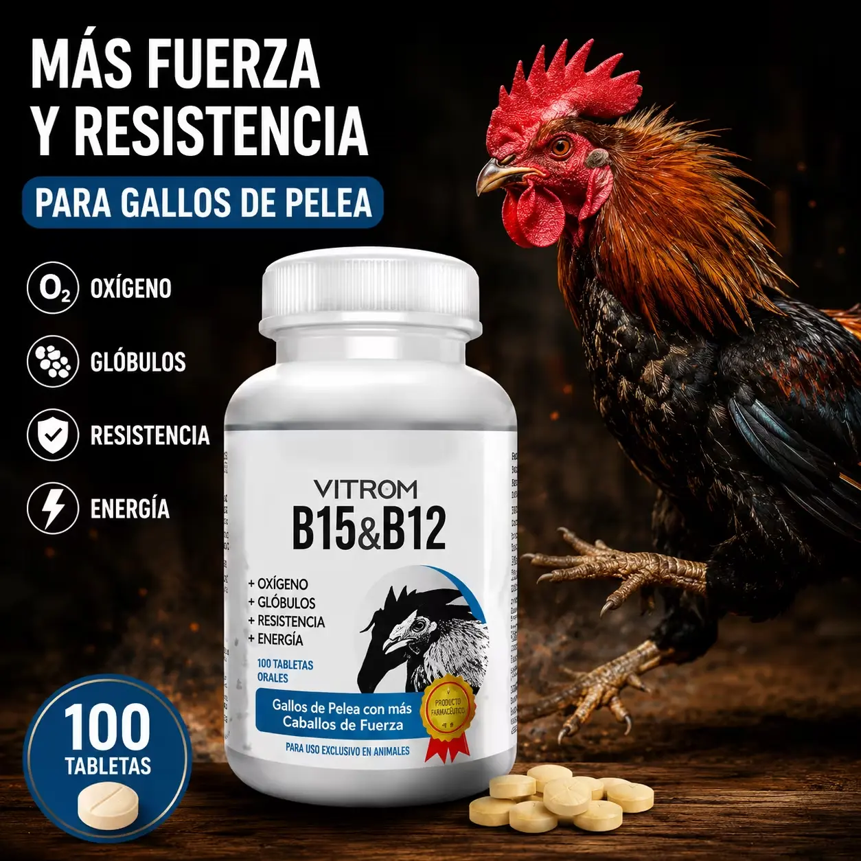 VITROM B15 B12 Rooster Vitamins & Gamefowl Supplement | Vitamin B12 for Healthy Energy, Recovery & Conditioning | 100 Tablets