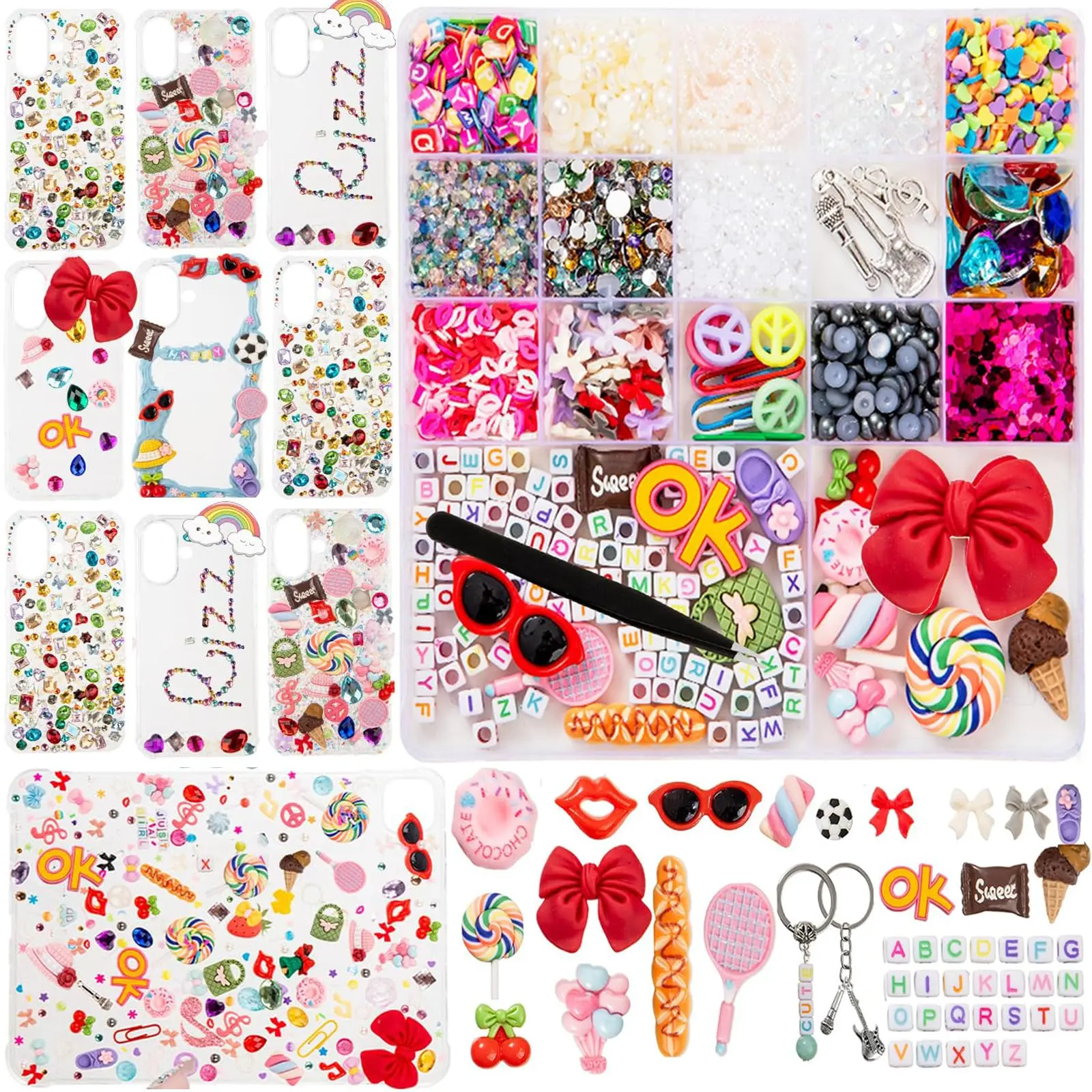 3850 Pcs Junk Case Charms Kit, Junk Phone Case Charms, Charms for Customizing Cases, Kawaii Bow, Letter Beads, Nail Accessories, Flatback Pearls, Rhinestones, Cute Aesthetic Decor for DIY Craft Scrapbooking Jewelry Making