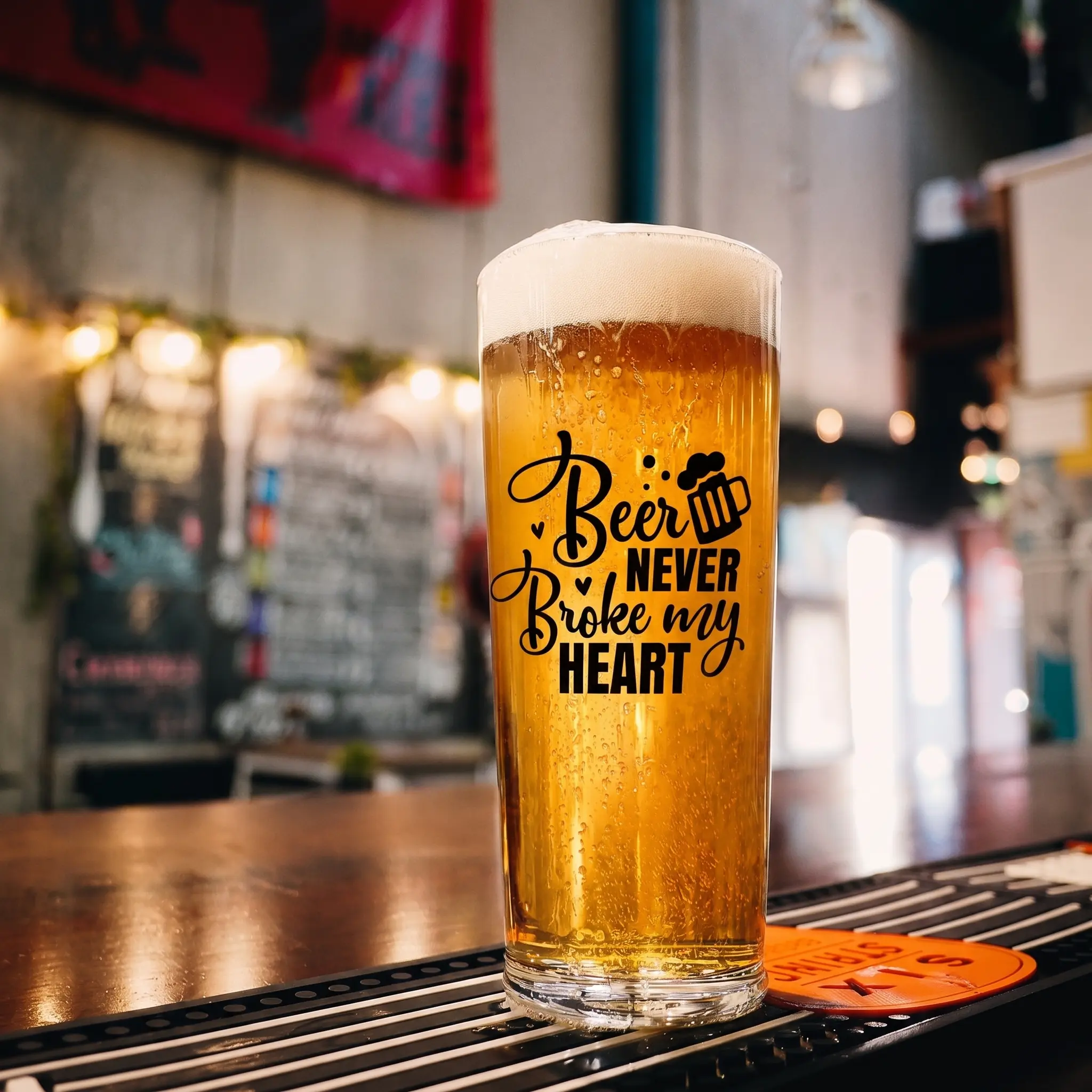 Beer Never Broke My Heart Custom Printed Beer Glass, Personalized Pint Glass, Stemless Wine Glass, Funny Drinking Glass, Custom Name Glass, Personalized Gift Glass, Beer Glass, Wine Tumbler, Graphic Printed Glass Cup