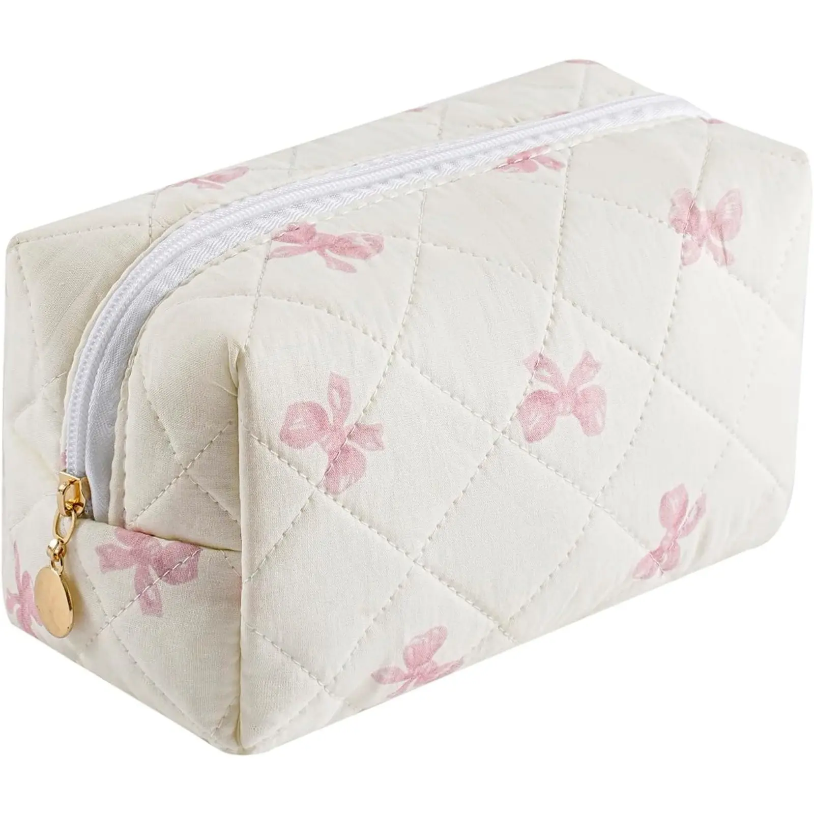 Small Quilted Makeup Bag for Women, Cute Floral Cotton Cosmetic Bag, Travel Toiletry Bag Period Bag Gifts for Her Mom Friend Sister Bridesmaid (Small Pink Bowknot)
