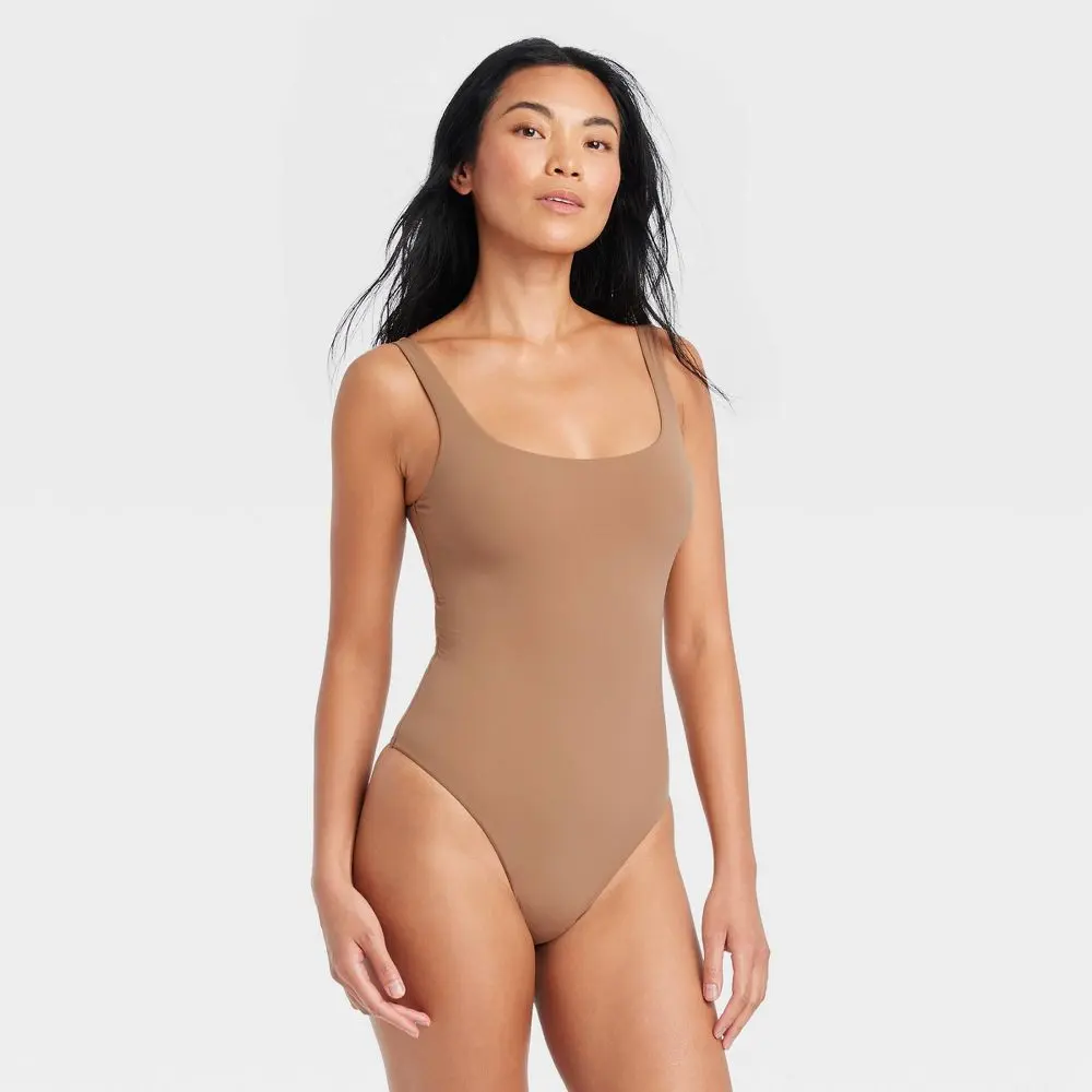 Women's Luxe 4-Way Stretch Tank Bodysuit - Auden Brown L: Scoopneck Sleeveless Pullover Cotton Gusset