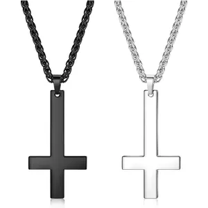 MILACOLATO 2 PCS Stainless Steel Mens Chain Black Cross Necklace Inverted Cross Necklace Black for Men Women Pendant Necklace with Chain-55+5CM Gift for Bestfriend Couple Lover Daily