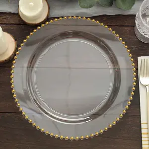 10-Pack Disposable Plastic Round Dinner Plates, 10" Clear with Gold Beaded Rim, for Home & Party Supplies