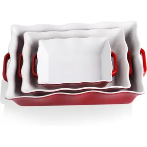 Casserole Dishes for Oven, Ceramic Bakeware Set of 3, Rectangular Baking dish with Handles, Wave Edge Lasagna Pan Deep for Cooking, Cake, Dinner, Banquet and Daily Use (Red)