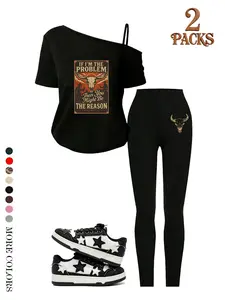 Teen Back-To-School Women Two-Piece Matching Casual Fitted Set, Unique Shoulder Cutout Short Sleeve T-Shirt, Bottoms with Fun Western Cowgirl Animal Print, Outfit