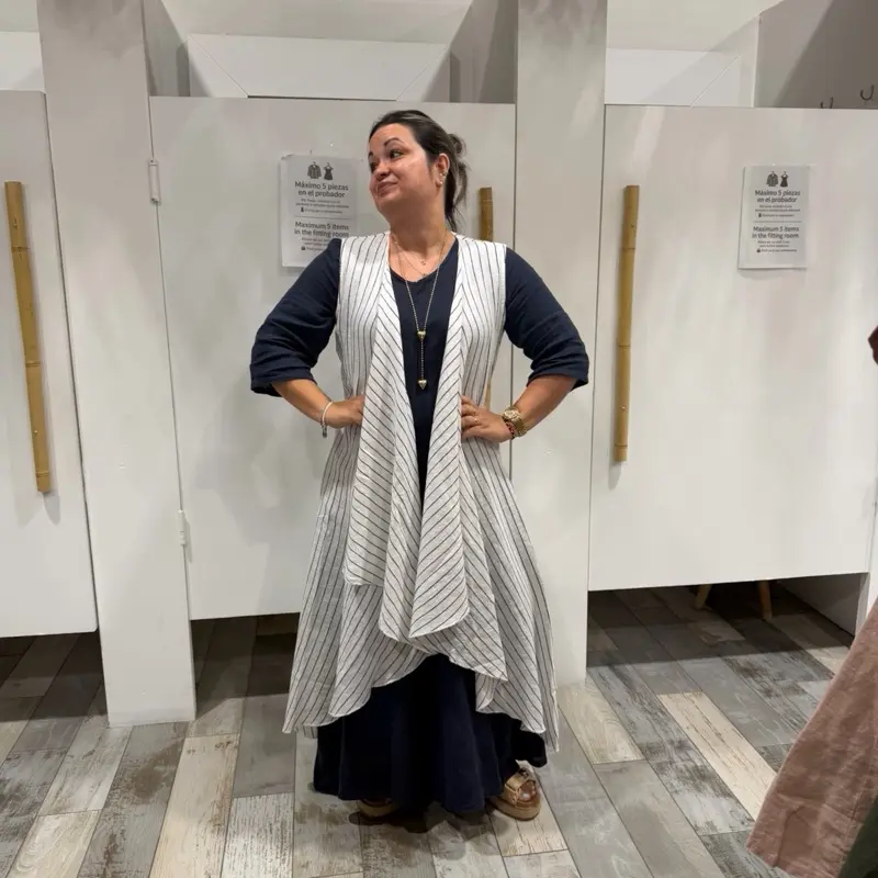 One Size XS to XL Julia 100 Percent Linen Long Striped Open Front Duster Vest Lightweight European Style Layering Piece