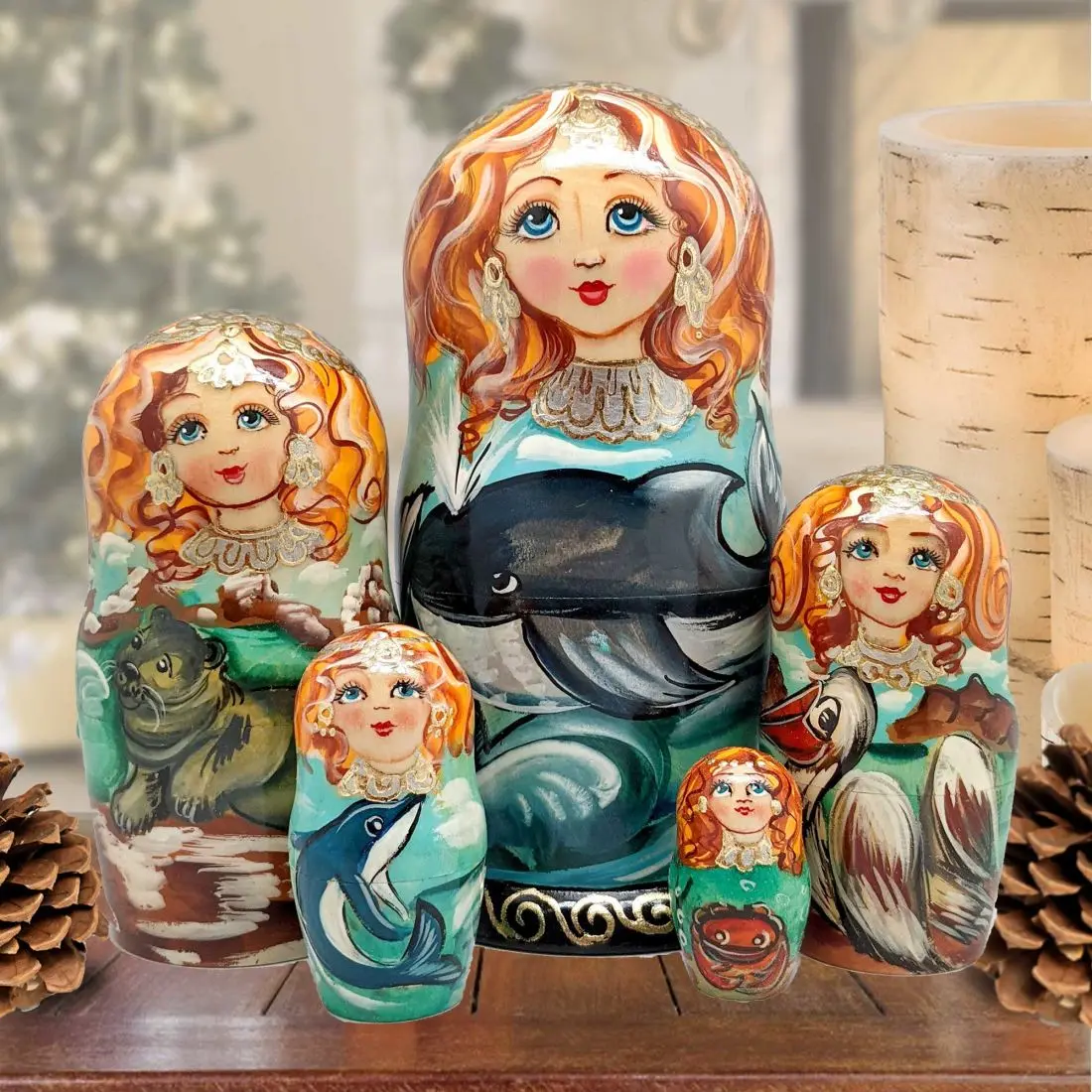 G.DeBrekht 140812 5-Piece Traditional Hand-Painted Wood Whales Family Matryoshka Nesting Dolls - 3.5x4 in., Artistic Coastal Decor, Holiday Indoor Home Figurine, Collectible Gift, Room Accessories