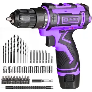 Purple 12V Cordless Drill,Electric Power Driver Kit,Variable Speed,with Drills Bits Set for Home DIY