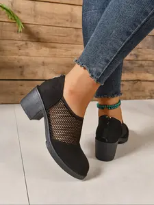 Fashionable Breathable Mesh High Heel Single Shoes for Women, Comfortable Slip-On Design, Stylish Thick Rubber Sole Footwear for Daily Wear