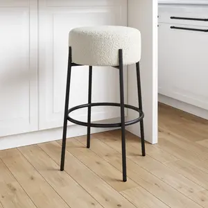Round White Boucle Backless Bar Height Stool