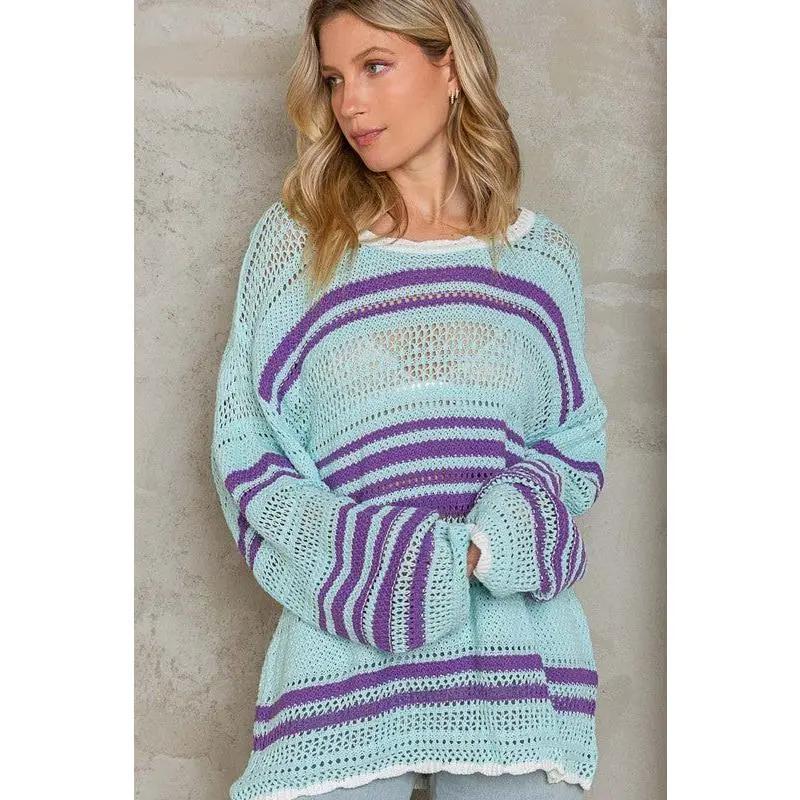 Blueberry Dream Oversized Striped Pullover Thin Sweater in Sky Blue