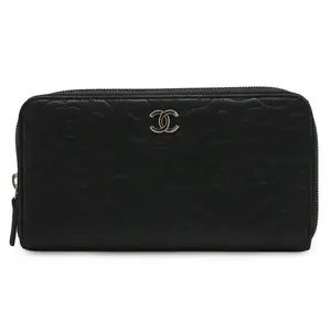 Pre-owned CHANEL Lambskin Small Leather Goods Camellia Leather Long Zip Wallet