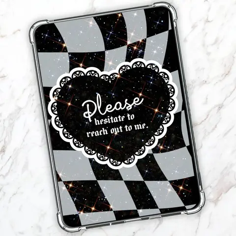 Please Hesitate To Reach Out To Me Holographic Sparkles Cardstock Clear Case Insert for Kindle | Book Lover Gift | Bookish Stickers for Kindle | Booktok Aesthetic Smartphone | Kindle Decorating Accessories | Black and Grey Checkered Heart