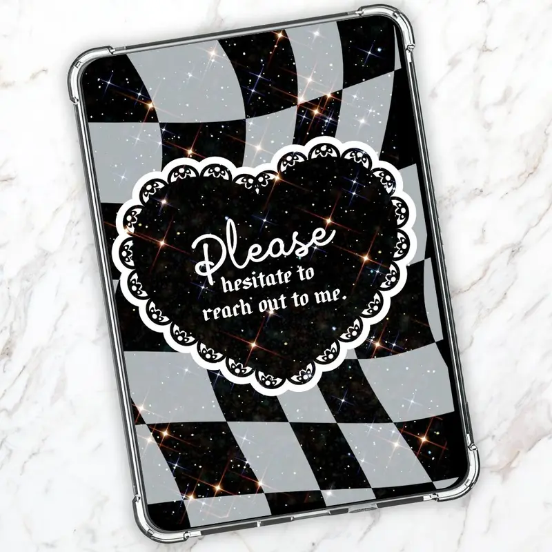 Please Hesitate To Reach Out To Me Holographic Sparkles Cardstock Clear Case Insert for Kindle | Book Lover Gift | Bookish Stickers for Kindle | Booktok Aesthetic Smartphone | Kindle Decorating Accessories | Black and Grey Checkered Heart