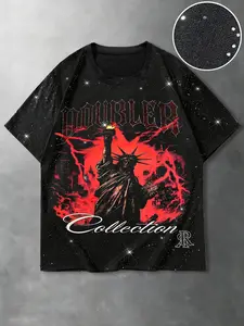 Men's Casual Short Sleeve Fitted T-Shirt, Bottom with Starry Sequins, Lady Liberty Graphic Print, Flame City Dark Print, Silver Fabric Comfort Fit