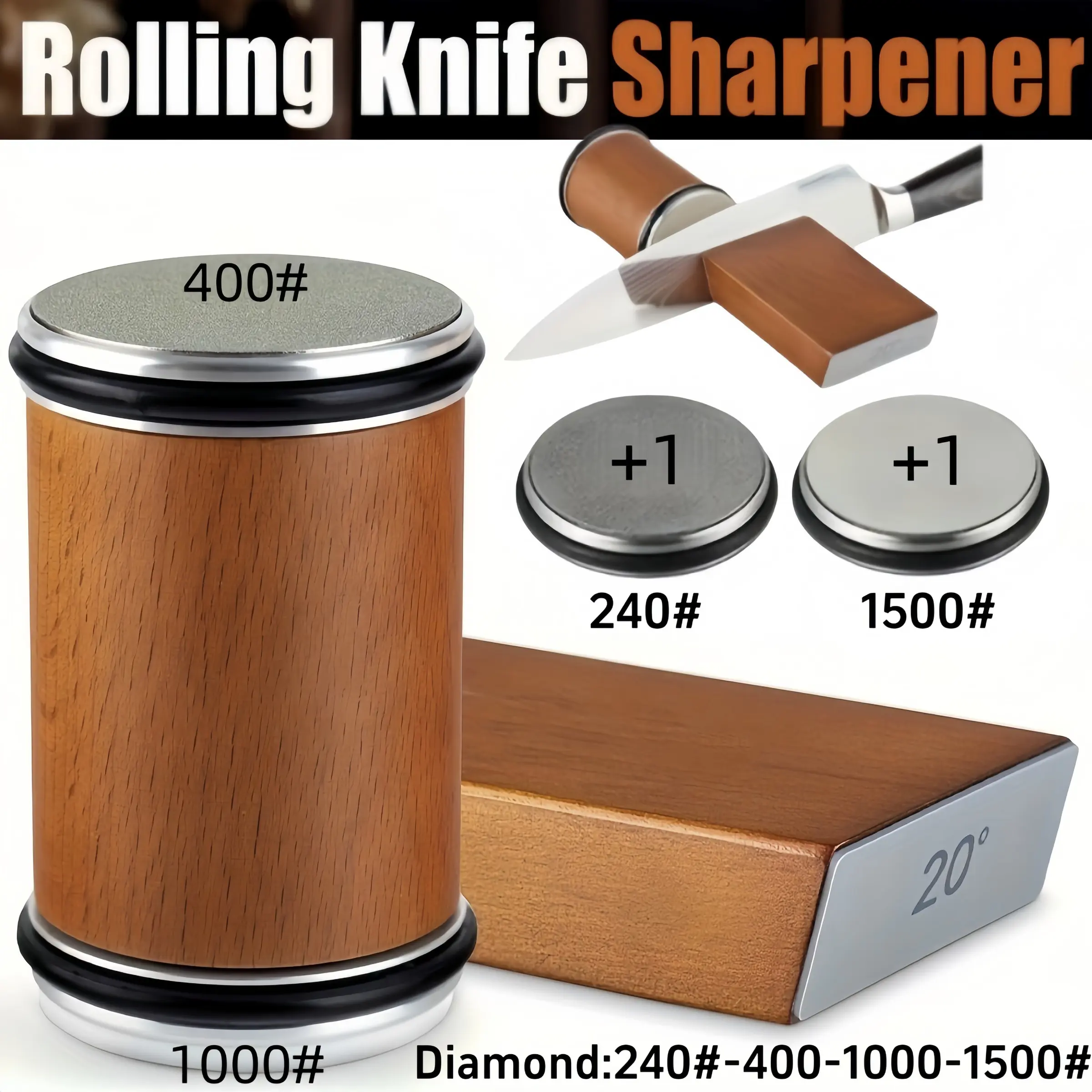 Rolling Knife Blade Sharpener, 2 Counts/set Portable Durable Efficient Cutting Knife Sharpening Tools with Edge Restoration and Magnetic 15 & 20 Degrees Angle Base for Kitchen Efficiency