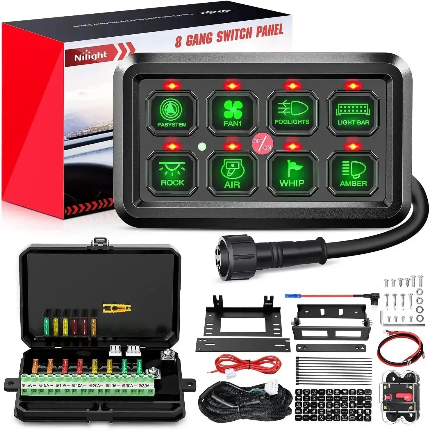 Nilight 8-Gang Green Rocker Switch Panel System - 12-24V DC Backlit Dimmer, Overload Guard, Compact Hard-Wired Electrical Switchboard with Easy Installation for Home Improvement, Center Console, Overhead Sunglasses Holder