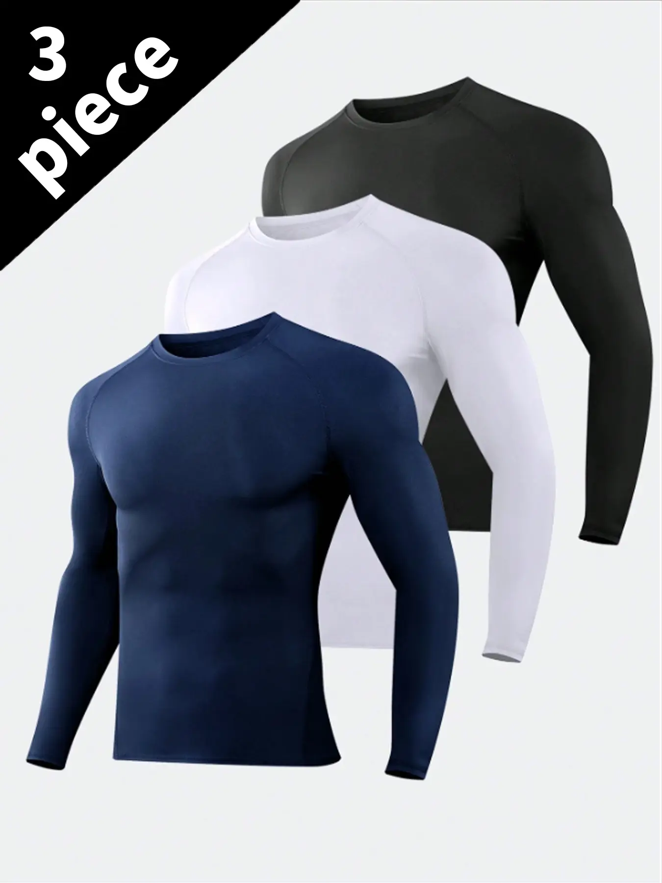 3 Pack Men's Slim Shape Top Sports Fitness Long Sleeve, Slim Tight Top, Outdoorfun,Comfortable Moisture Wicking Corset, Quick Drying and Breathable Outdoor Casual Fitness Riding Soccer Basketball T-Shirt