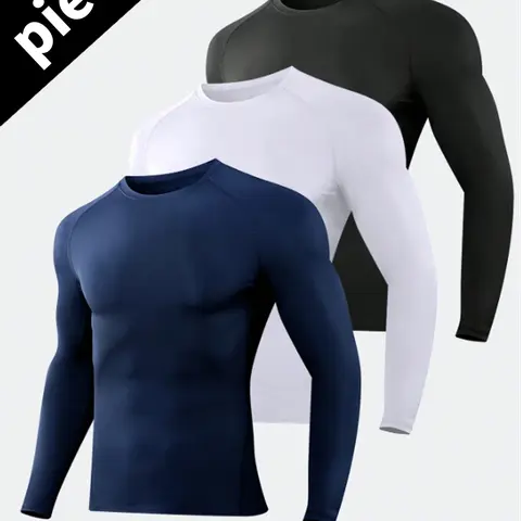 Men's 3-Pack Tight Slim-Fitted Long-Sleeve Activewear T-Shirts - Breathable, Moisture-Wicking, Quick Dry, UV-Protective, Athleisure Streetwear, Sporty Chic - for Fitness, Biking - Black-Grey-Blue