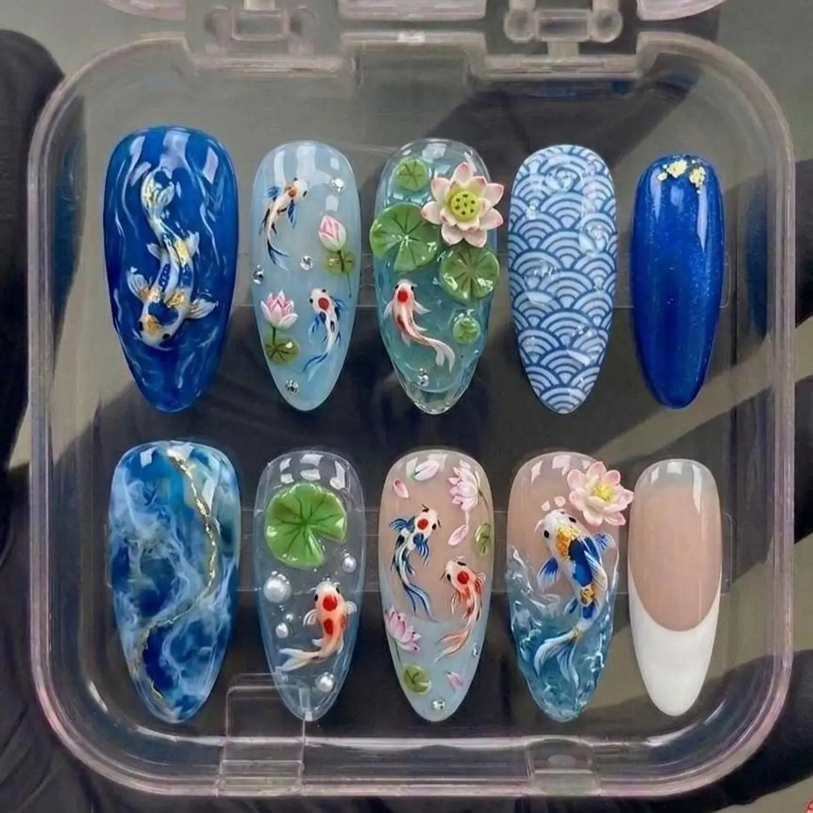 Koi Pond Press On Nails Handmade Lotus Water Blue Elegant