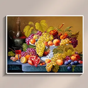 Vintage Fruit Plate Diamond Painting Fresh Grapes Fruit and Vegetable Art Picture Diamond Art Kit Suitable for Kitchen Restaurant Wall Decoration 30x40cm/11.8x15.8inch