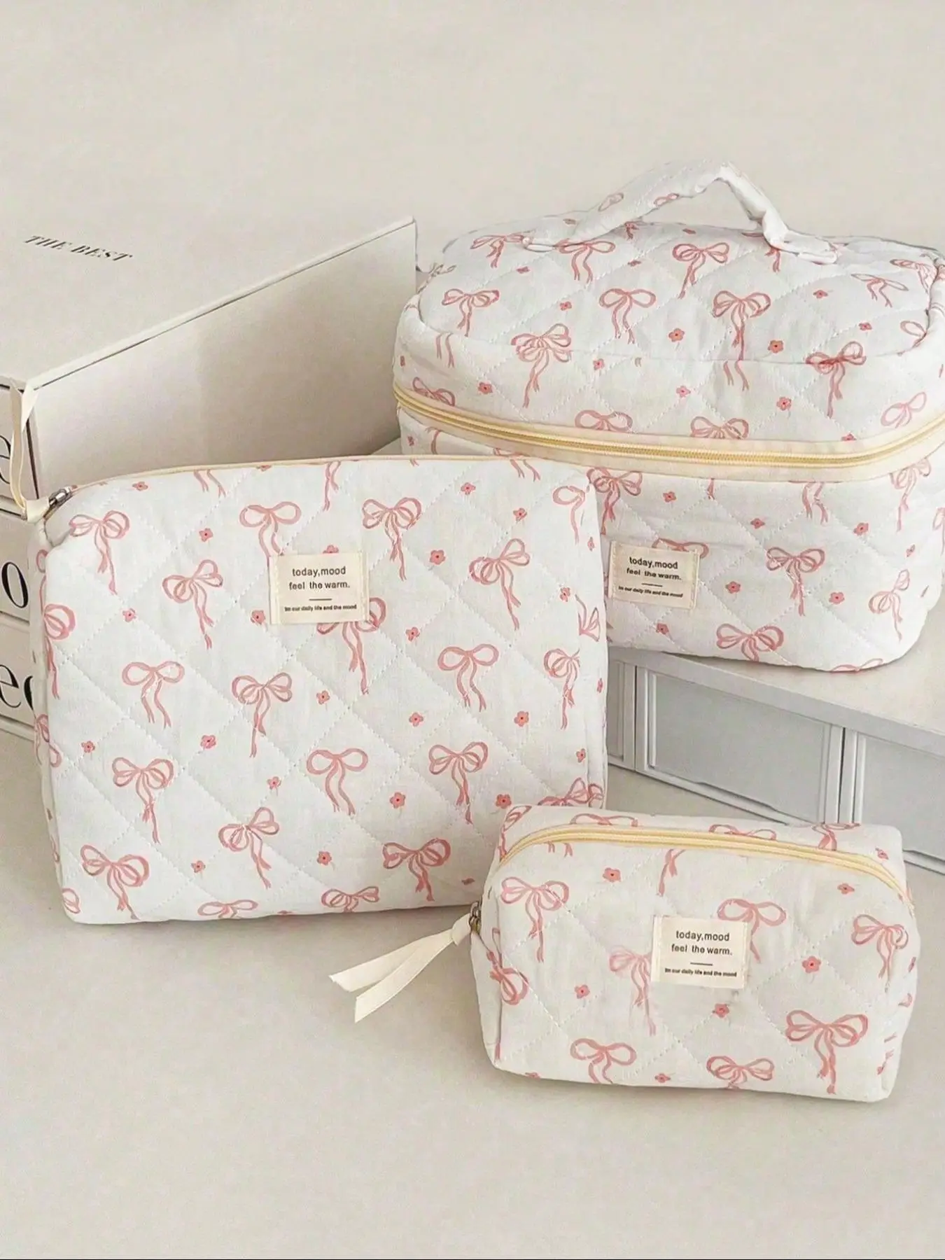 Bow & Flower Pattern Quilted Makeup Bag, /set Cute Portable Cosmetic Storage Bag, Travel Essential Makeup Bag, Daily Toiletries Storage Makeup Bag