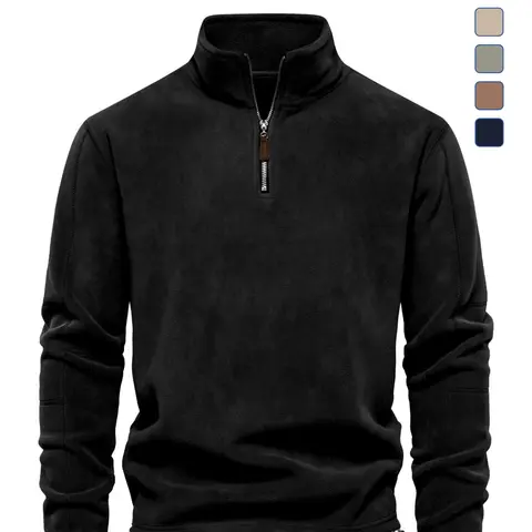 Men's Solid Half Zip Funnel Neck Polar Fleece Sweatshirt, Regular Fit Casual Long Sleeve Pullover for Fall & Winter, Men's Clothes for Daily Wear, Zipper