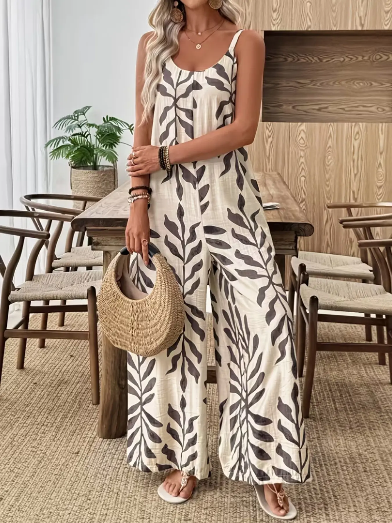 Women's Tropical Plant Print Wide Leg Flowy Drape Casual, Breathable Jumpsuit For Vacation Summer Romper Going Out Outfits Leaf Print Jump