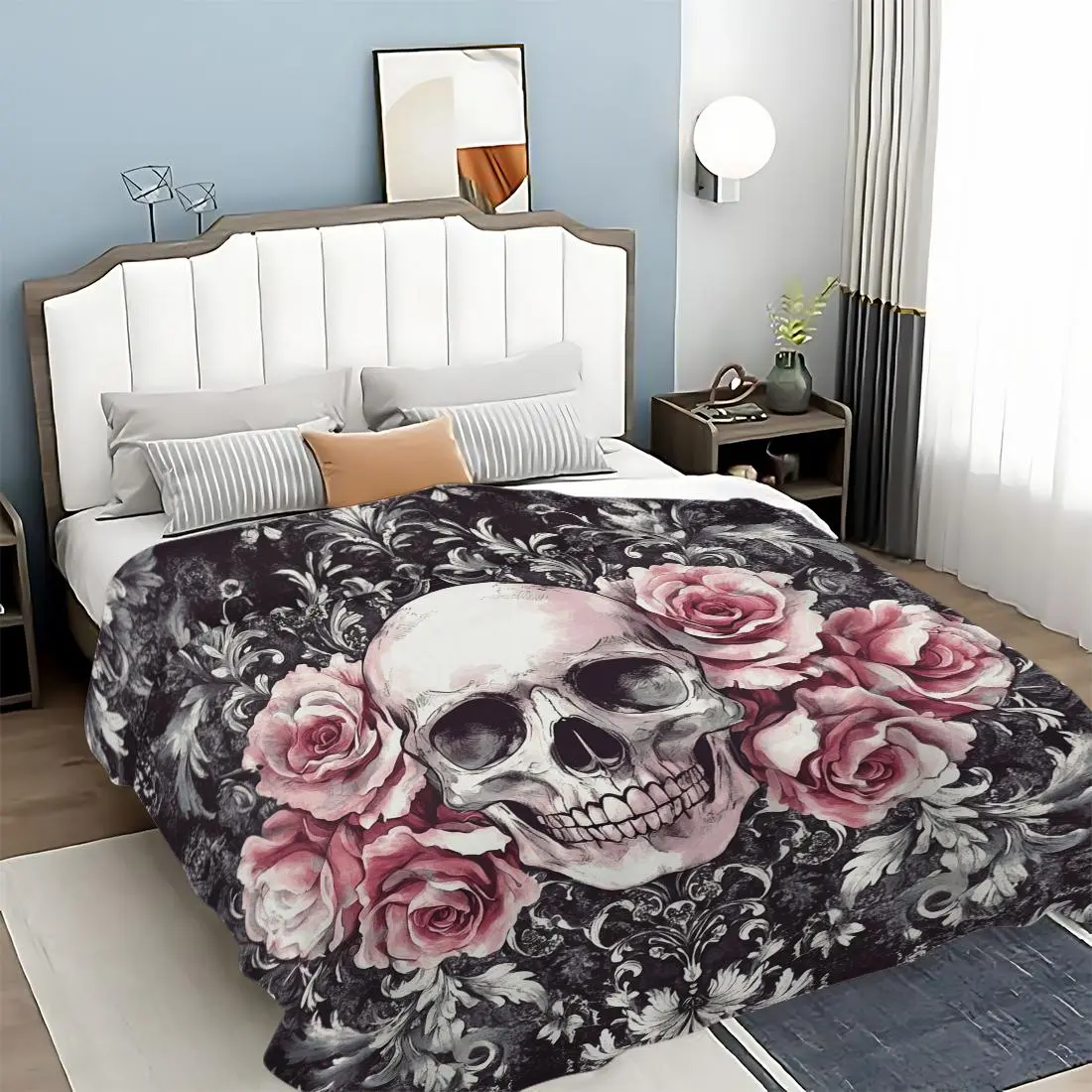 Skull & Rose Print Soft Blanket, Cool Bedroom Bedding Blankets, Warm and Cozy Chic Blanket for Sofa, Couch, Bed, Home Decor, Halloween