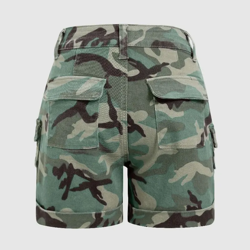 Flamingals Camo Print Roll Hem Flap Pocket Mid Rise Shorts