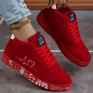 Ladies Red Casual Sneakers, Heart Print - Soft Sole, Breathable Fabric Skates - Low Top Lace Up Platform Shoes - Perfect Valentine's Day Gift for Her, Cute Shoes (Rain Shoes & Covers)