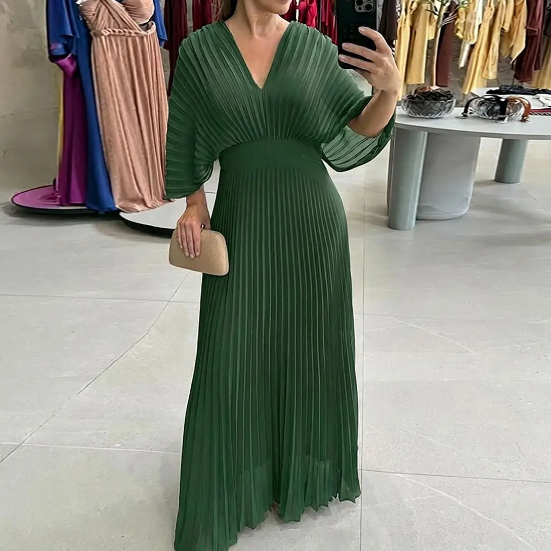CHICME Women's Elegant Pleated Maxi Dress V Neck Flutter Sleeve Wedding Guest Dress CHICME Women's Elegant Pleated Maxi Dress V Neck Flutter Sleeve Wedding Guest Dress
