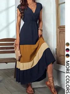 Women's Colorblock V-Neck Dress, Casual Elegant Sleeveless Long Dress, Stylish Everyday Fashion for Daily Wear, Perfect for Spring & Fall, Summer