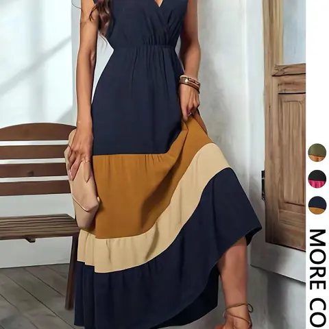 Women's Colorblock V-Neck Dress, Casual Elegant Sleeveless Long Dress, Stylish Everyday Fashion for Daily Wear, Perfect for Spring & Fall, Summer, Elegance, Aesthetics, Casual Chic Sleeveless, Casual Dresses, Summer Tank Dresses