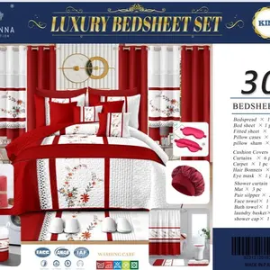 Luxury 30 Pc Bed Sheet Set in Red Floral Design - Includes Bedspread, Pillowcases, Curtains & More
