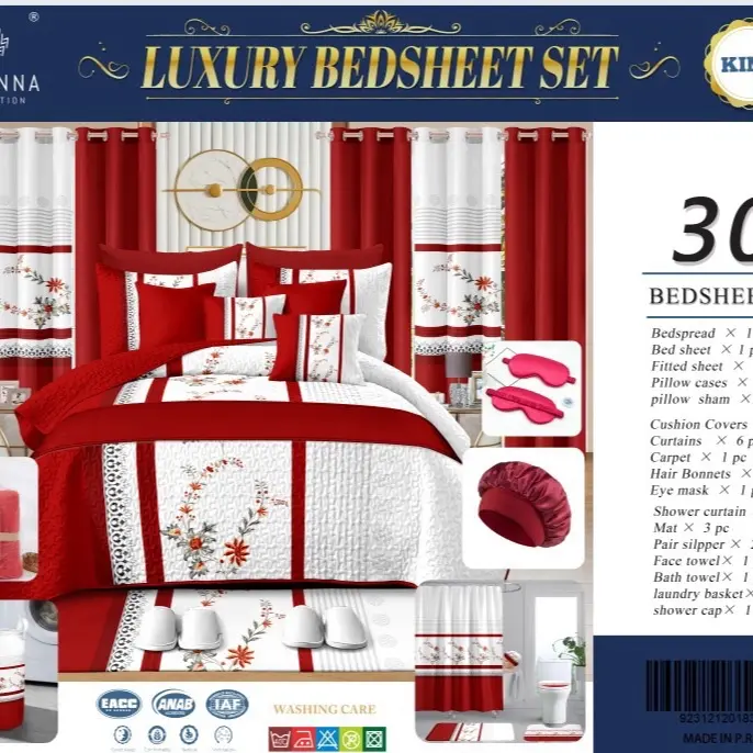 Luxury 30 Pc Bed Sheet Set in Red Floral Design - Includes Bedspread, Pillowcases, Curtains & More