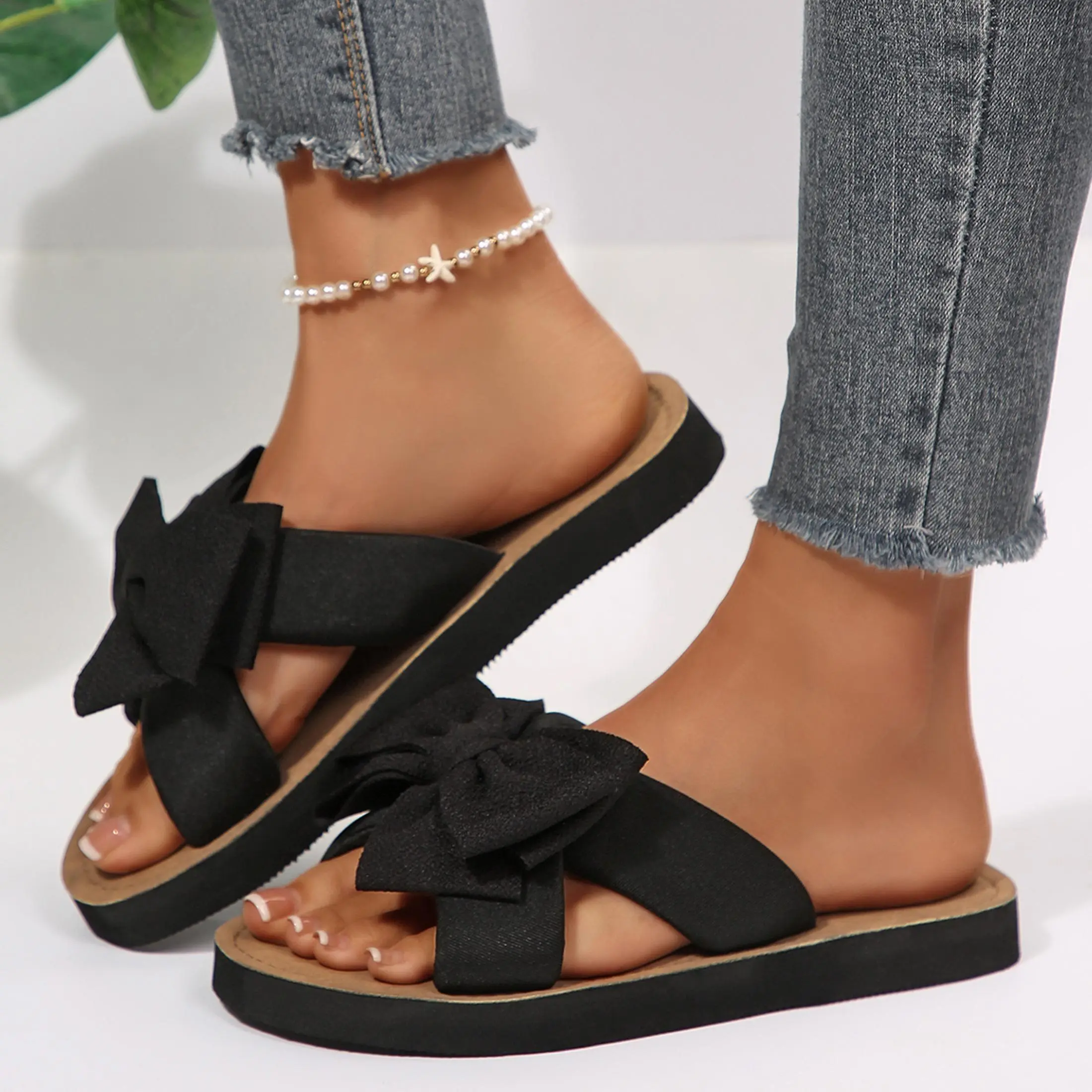 Women's Bow Knot Slides Cute Dressy Open Toe Flat Sandals Summer Beach Vacation Slip On Slippers Vacation Style