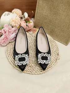 Elegant Satin Pointed Toe Flat Shoes, Rhinestone Buckle Decor, Soft Breathable Sole, Perfect for Commute, Travel, Dinner