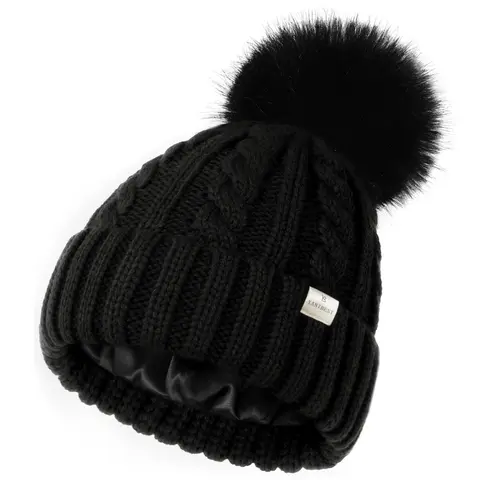YANIBEST Women's Winter Satin Lined Knitted Beanie - Detachable Pom, Warm Ski Cuff Cap, 16in Circumference, 8.5in Width, 9in Height, Satin Lined Bonnet, Hair Stays Smooth, Outdoor Sports, Christmas Gifts