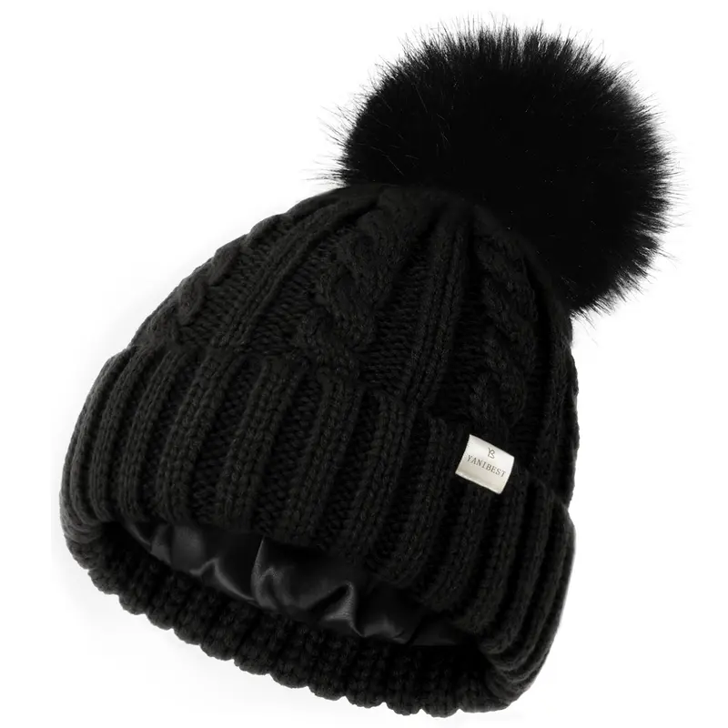 YANIBEST Women's Winter Cable Knitted Beanie - Detachable Pom Pom, Warm Ski Cuff Cap, 16in Circumference, 8.5in Width, 9in Height, Satin Lined Bonnet, Smooth Hair, Outdoor Sports, Christmas Gift